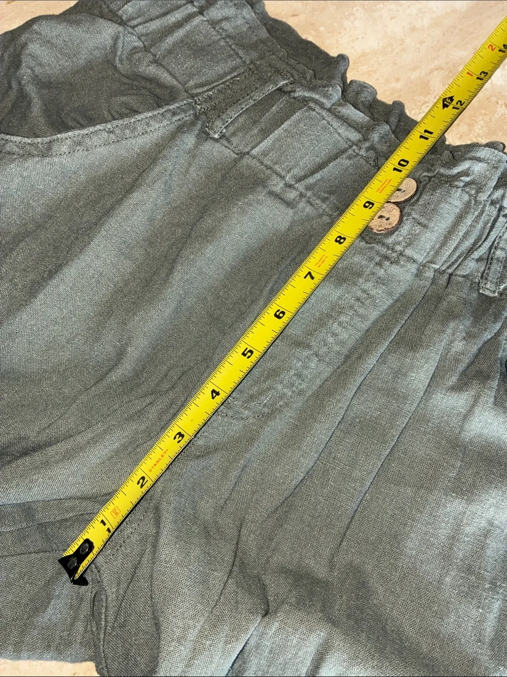 Rewind wide leg Pants, women's L, olive Linen-Blend elastic paperbag waist. EUC